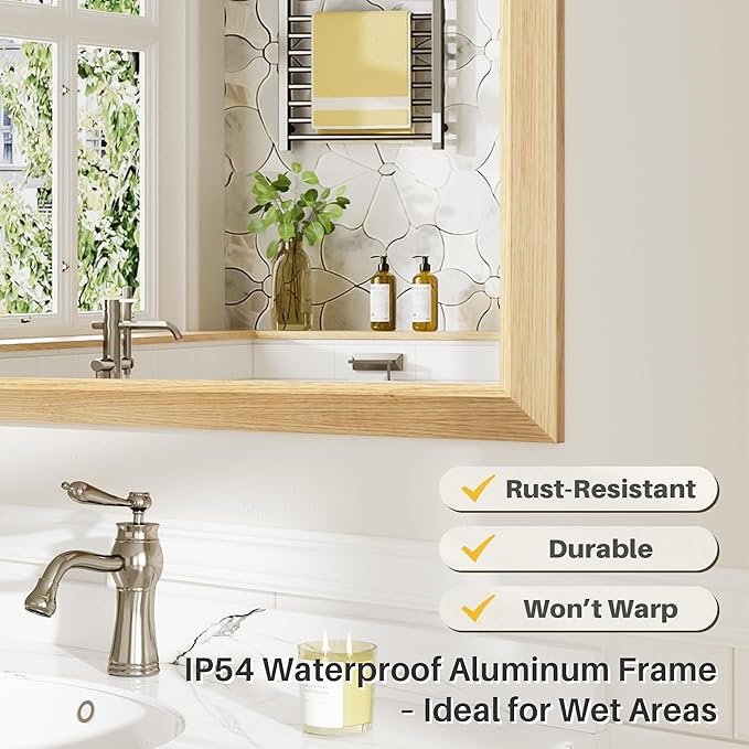 28x36 Inch Bathroom Mirror for Wall, Anti-Rust Oak Wood Grain Metal Framed