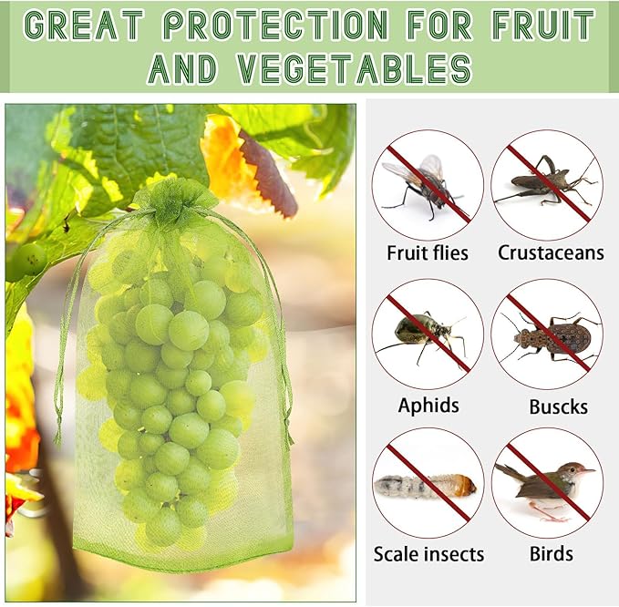 DECYOOL 120 PCS Fruit Protection Bags 4 X 6 inch, Green Fruit Bags for Fruit Trees Fruit Netting Cover Drawstring Mesh Bags Suit for Mangoes Tomatoes Fruit Trees Veggies Garden