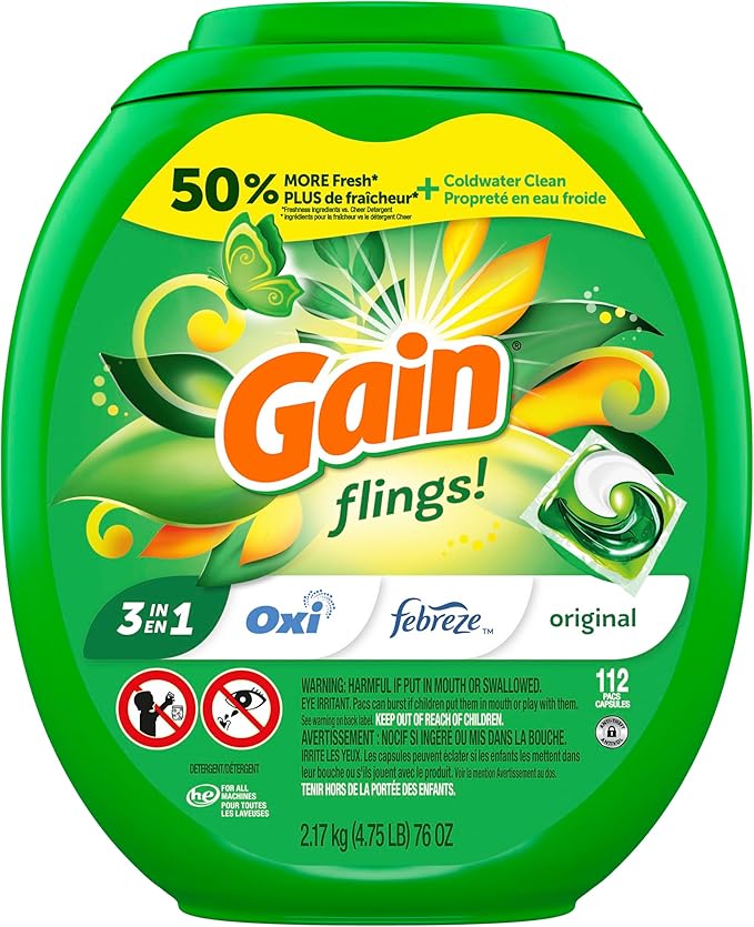 Gain Flings Laundry Detergent Pacs, Odor Defense, 112 Count, Original Scent, 3 in 1 HE Compatible Detergent Pacs with Oxi Boost and Febreeze