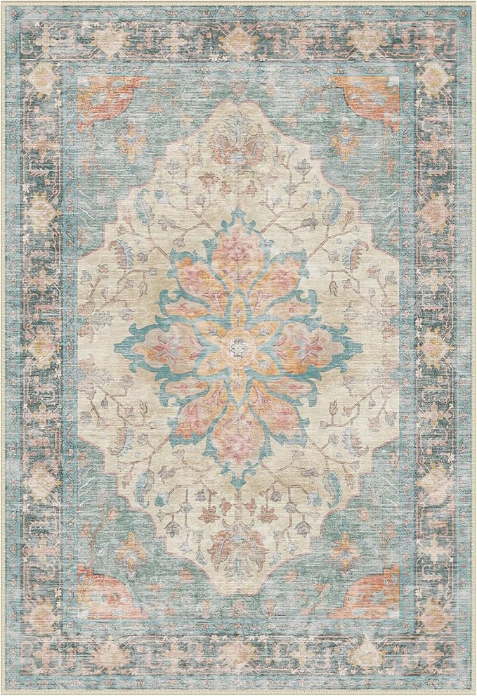 Area Rugs Round 6ft Washable Non-Slip, Floral Vintage Distress Print Pattern Medallion Carpet for Living Room Bedroom Dining Room, Blue Orange Red