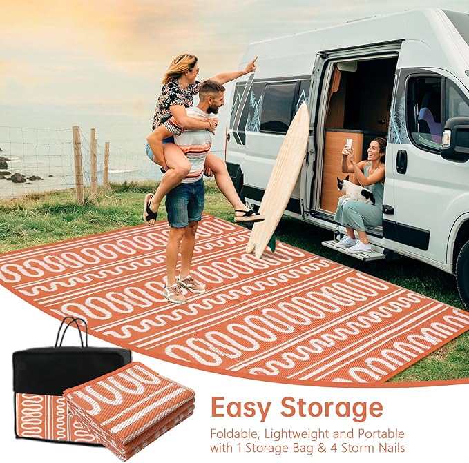 Beeiva Outdoor Rug 8x10, Outdoor Rug Waterproof Reversible, Portable Plastic Outdoor Patio Rug for Deck, Balcony, Backyard, Porch, Camping, Picnic - Orange