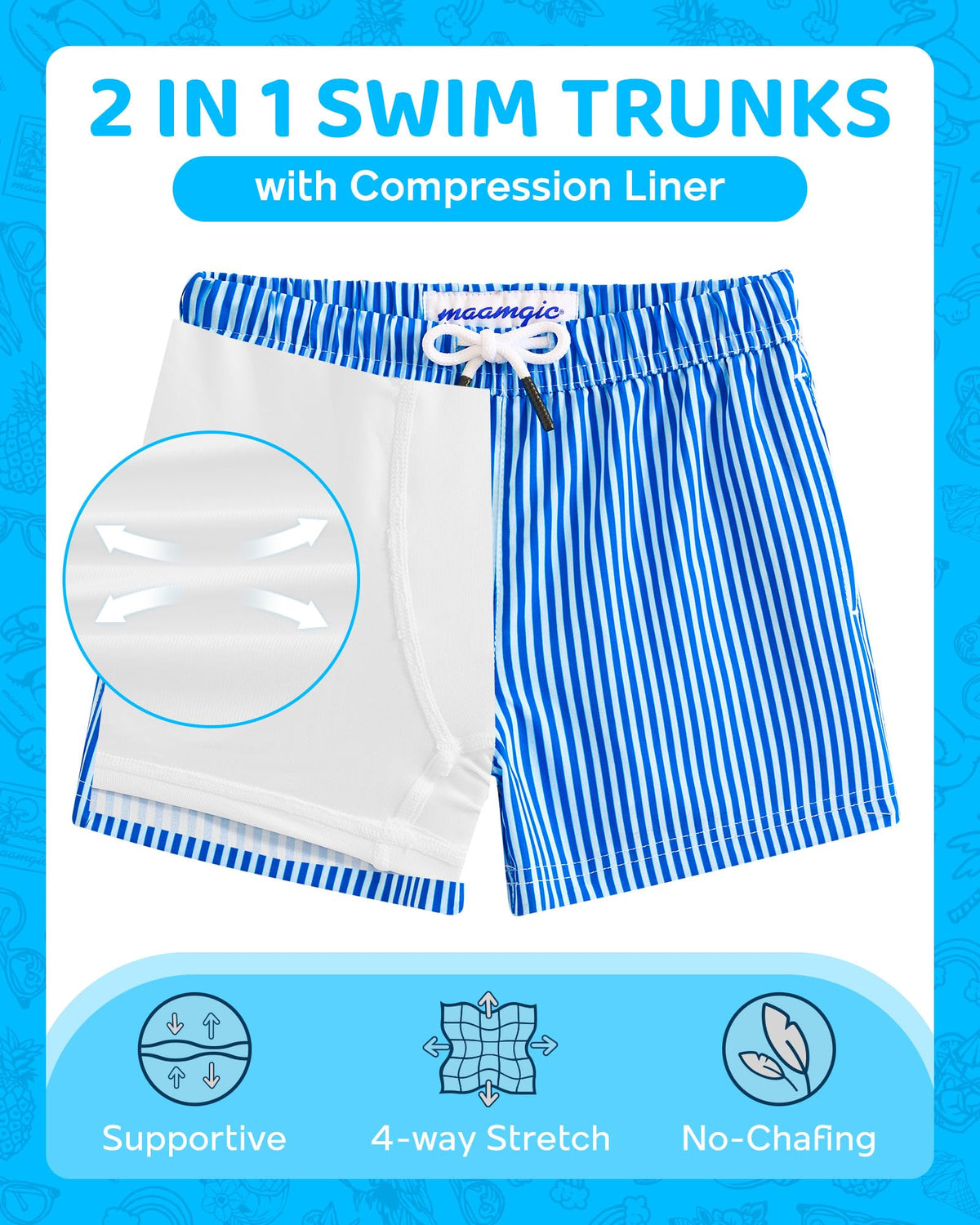 maamgic Boys Swim Trunks with Compression Liner 4-Way Stretch Quick Dry Bathing Suit Toddler Beach Shorts Blue White Stripes 14-16 Years