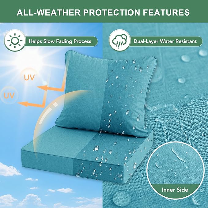 Summsun Faux Linen Outdoor Chair Cushions, Water Resistant Backrest and Seat Cushion Set with Removable Cover, Straps, Non-Slip Bottom for Patio Furniture, 19 x 19 Inch, Teal, Set of 2