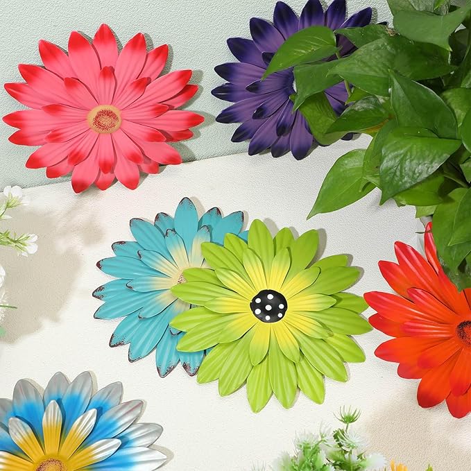 Zhehao 6 Pcs Metal Flower Wall Art Decor 8 Inch Sunflower Wall Decorations Hanging Outdoor Art Multicolored Handmade Metal Flowers Outdoor Decor(Vivid Color)