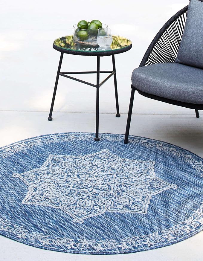 Unique Loom Outdoor Traditional Collection Area Rug - Antique (7' 10" Round Blue/Ivory)