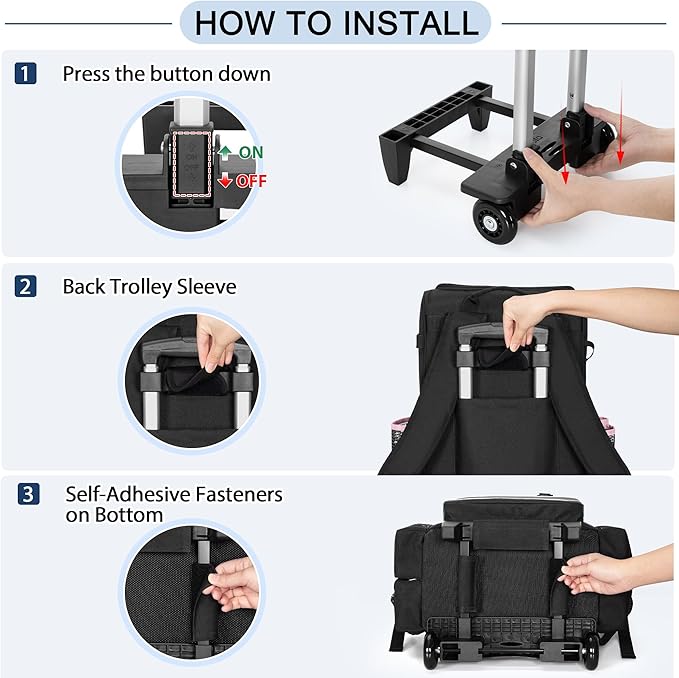 LoDrid Rolling Cleaning Backpack with Detachable Trolley, Professional Cleaning Supply Bag with Wheel, Mobile Cleaning Cart with Handle and Shoulder Strap, Cleaning Bags for House Cleaners, Bag Only