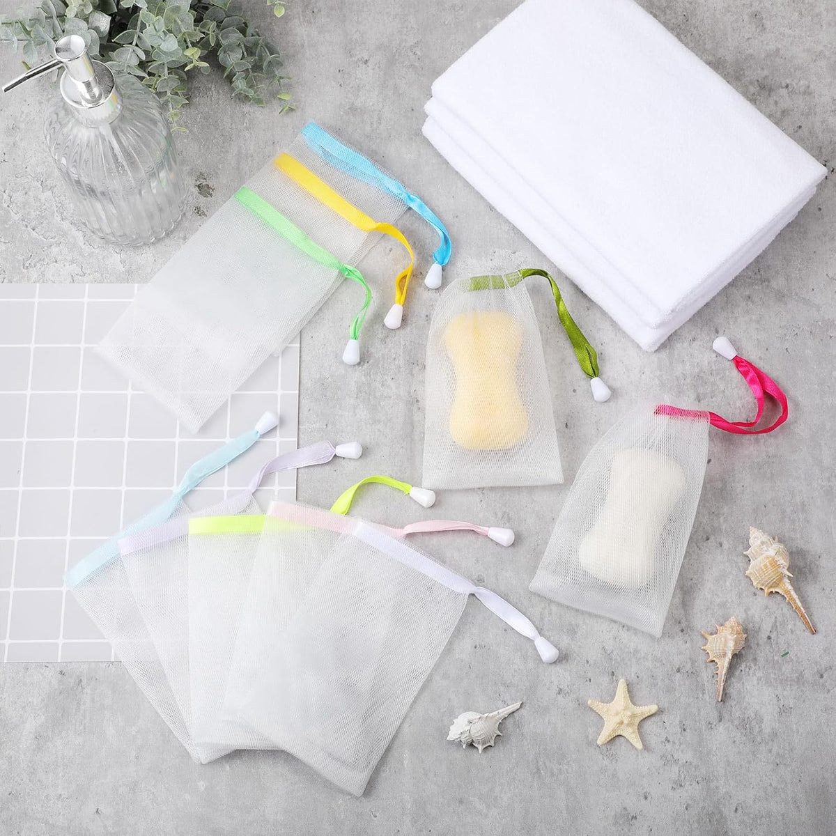 Sunnyray 50 Pcs 10 Colors Soap Bag Soft Handmade Soap Bubble Mesh Bags Exfoliating Mesh Pouch with Drawstring for Foaming and Drying for Shower Body Facial Cleaning Tool