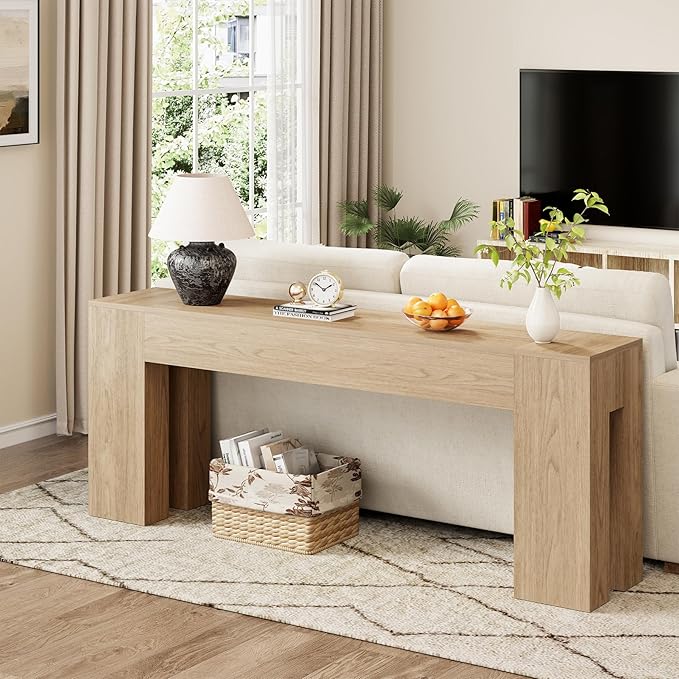 Extra Long Sofa Console Table for Entryway Living Room, 79-Inch Farmhouse Wood Behind Couch Table, Rectangular Accent Console with Wooden Double Base for Hallway Foyer Entrance, Light Oak