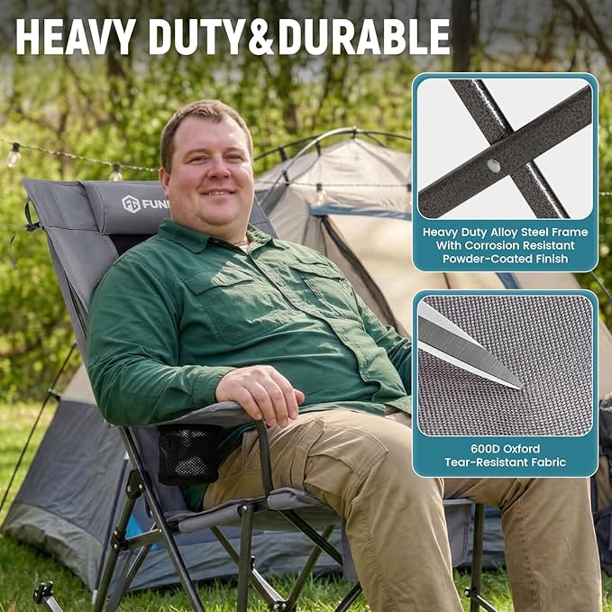 FUNDANGO Oversized Rocking Camping Chair for Adults, High Back Padded Folding Lawn Chairs with Pillows, Wide Armrest, 2 Cup Holders, Carry Bag for Patio Garden Outdoor Supports 440Lbs (Grey)