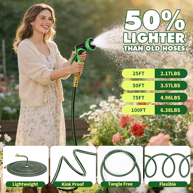 Gardentime Non-Expanding Garden Hose 100FT Flexible No Kink Water Hose, Leakproof Hybrid 5-Layer TPV with 3/4" Connectors & 10 Function Spray Nozzle, Lightweight Portable Water Pipe for Lawn Yard