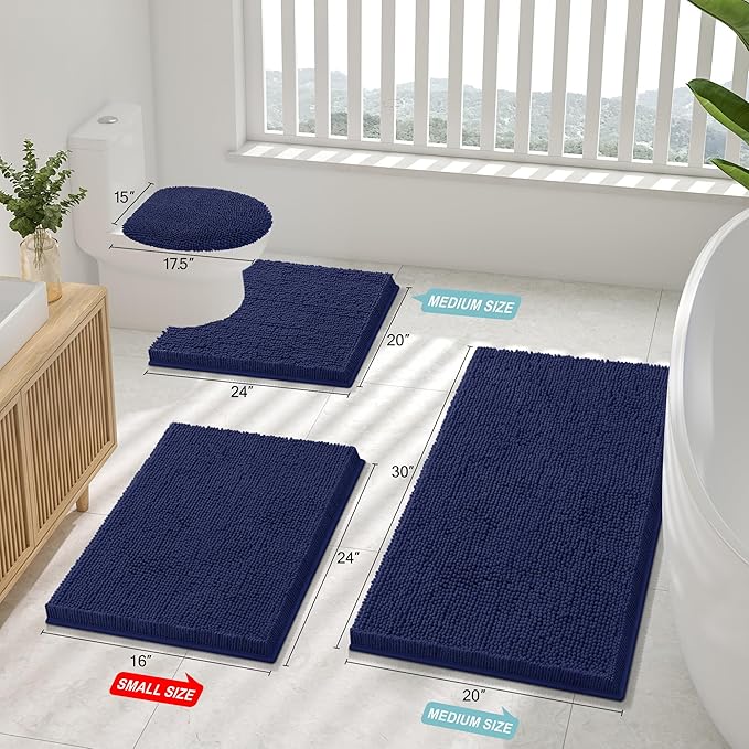 Smiry Luxury Chenille Bathroom Rugs 48x32, Extra Soft and Absorbent Shaggy Bath Mat, Machine Washable, Non-Slip Plush Carpet Runner for Tub, Shower, and Floor, Home Decor Accessories, Navy Blue