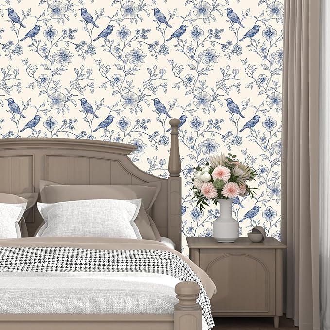 Beige Wallpaper Peel and Stick Blue Floral Bird Vintage Contact Paper 17.5" x