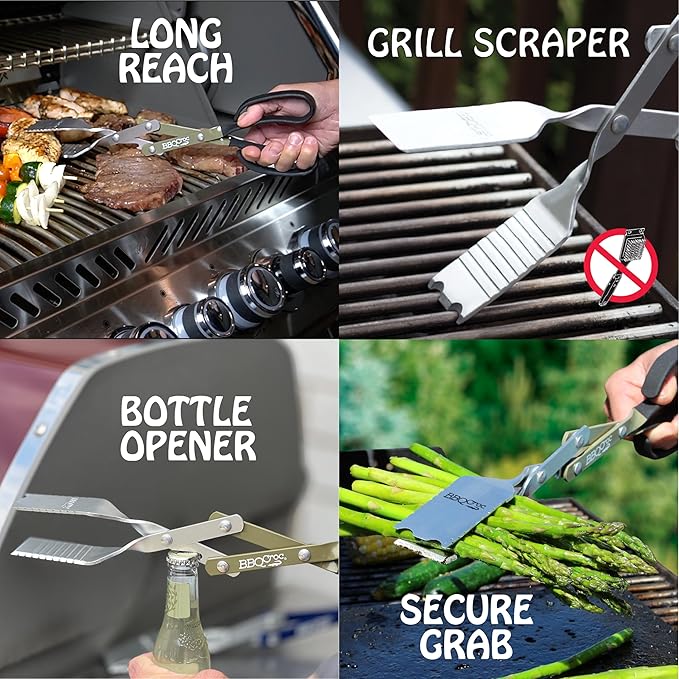 BBQ Croc 3 in 1 Barbecue Tool 15-inch with Flashlight - Extra Light Tongs, Spatula and Grill Scraper (Green)