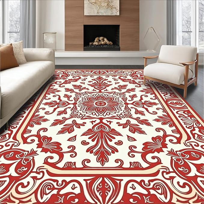 Flatwoven High Traffic Area Rug 6x9, Vintage Floral Medallion Shower Curtain with Coordinated Bathroom, Non Slip, Stain Resistant, Washable Area Rugs for Living Room, Bedroom (Red, 6x9)