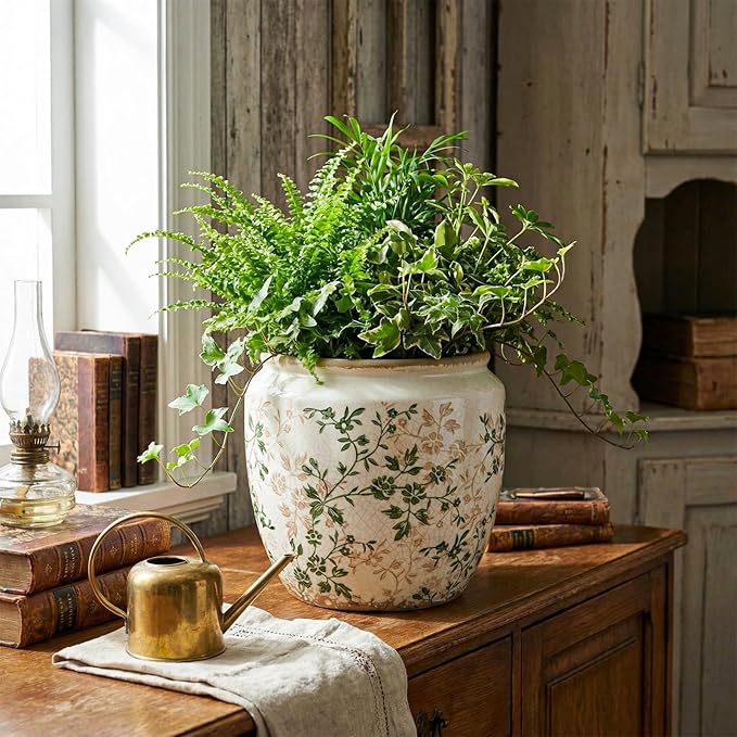 LemonRoad 7 Inch Large Vintage Ceramic Planter with Drainage Holes Ice Crackle Flower Vase Flower Pot with Rustic Greenery Pattern for Indoor Outdoor Plants Garden Home Kitchen Office Shelf Decor