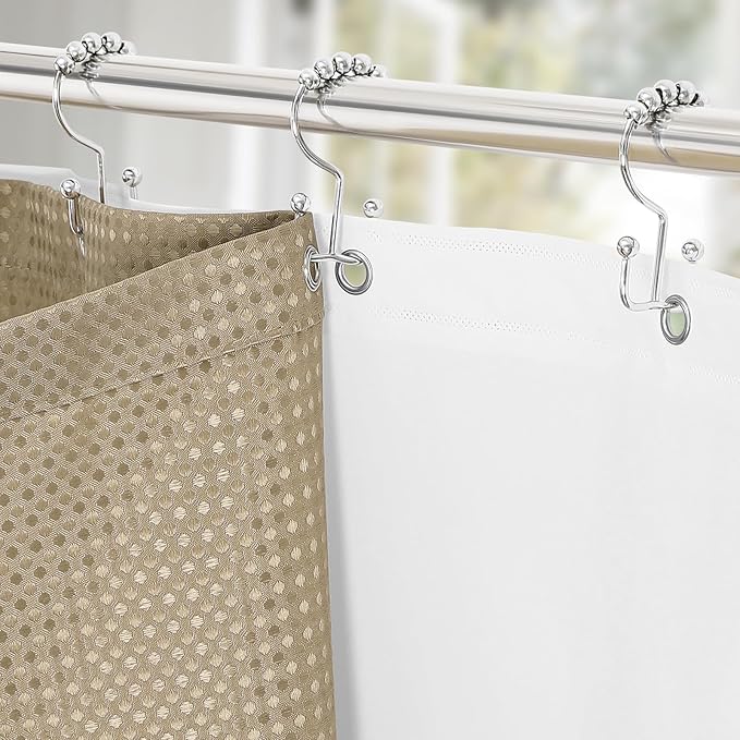 3 in 1 Long Beige Shower Curtain Set-72 W x 78 H, Tan Waffle and PEVA Liner Set with 12 Stainless Steel Hooks, Waterproof Fabric for Bathroom