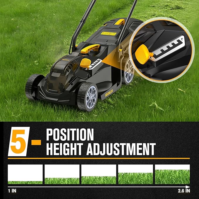 HEINPRO 14" Cordless Lawn Mower Compatible with Dewalt 20V MAX Battery, 2-in-1 Brushless Electric Lawn Mower for Small Yards, Push Mowers with 5-Position Height Adjustment, Black (Tool Only)