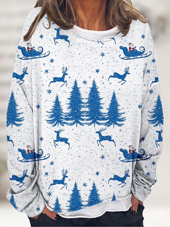 LOAIHA Christmas Shirts for Women Crewneck Snowman Snowflake Santa Graphic Shirts Christmas Tree Long Sleeve Xmas Hoodie
