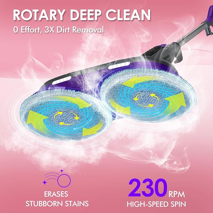 Scrub and Steam Mop with LED Headlights, All-in-One Hard Floor Cleaner Rotating Mop, 6 Cleaning Pads, Swivel Steering, Cable Holder & XL Water Tank