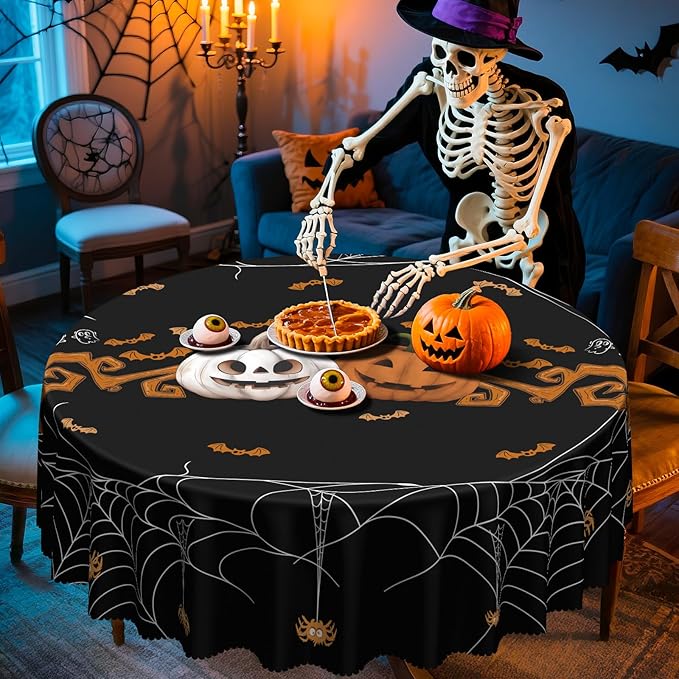 Eikione Round Halloween 60In Tablecloth, Spider Haunted House Decorative Table Cloth, Waterproof and Washable Fabric Table Cover for Party Kitchen Dining Room