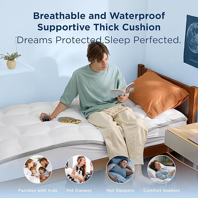Bedsure Twin XL Mattress Topper - 800 GSM Waterproof Mattress Topper for College Dorm Room Essentials with 8-21 Inches Deep Pocket, Pillow Top Twin Extra Long Bed Pad Fitted for Bedroom - White