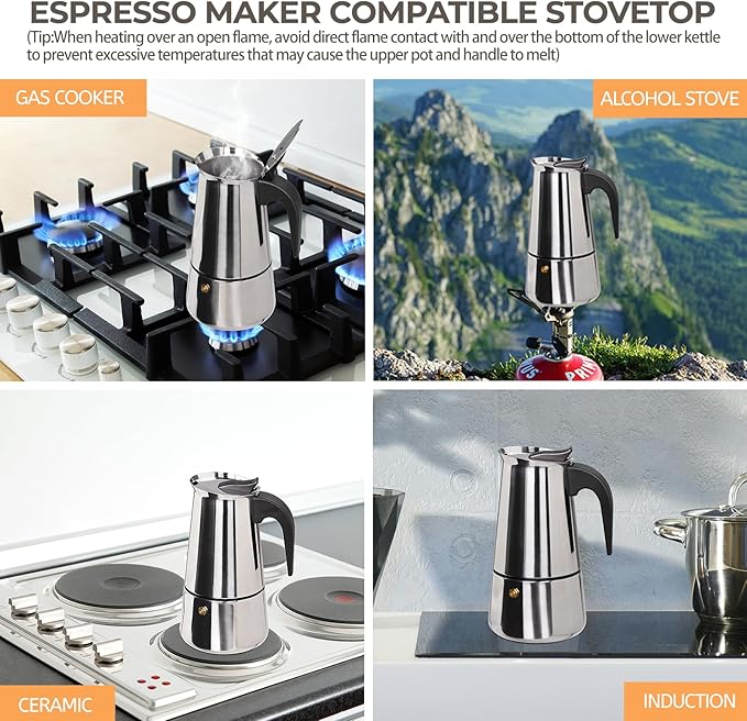9 Cup 450ml Moka Pot Stainless Steel Espresso Coffee Maker Stovetop Percolator Coffeemaker Italian Classic Style Brewing Greca Cafe Mocha Machine for Cafeteras Lover Camping Travel and Home Use 15oz