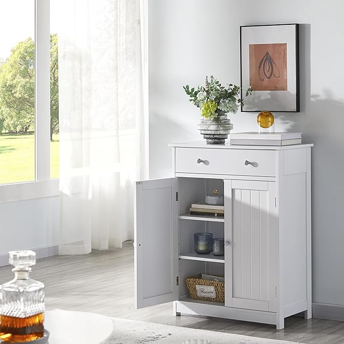 Yaheetech Free Standing Bathroom Cabinet with 1 Drawer 2 Doors and Adjustable Shelf, Wooden Entryway Storage Cabinet, 11.8D x 23.6W x 31.5H in, White