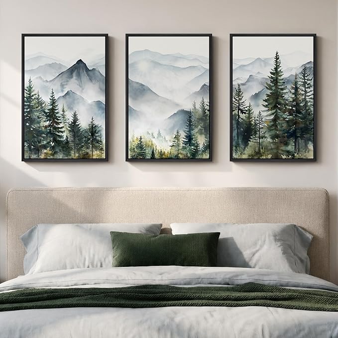 Framed Mountain Landscape Wall Art Bedroom, 3 Piece Nature Foggy Forest Canvas Print Artwork for Walls, Scenic Pine Tree Paintings Pictures Wall Art Decor for Living Room Hallway, 16x24 Inch