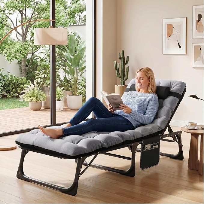 ABORON 3-in-1 Folding Patio Lounge Chair, 440LB Heavy-Duty Tri-Fold Guest Bed with Plush Cotton Cushion, No Assembly Adjustable Recliner for Office Nap, Patio Sunbathing, Poolside & Camping