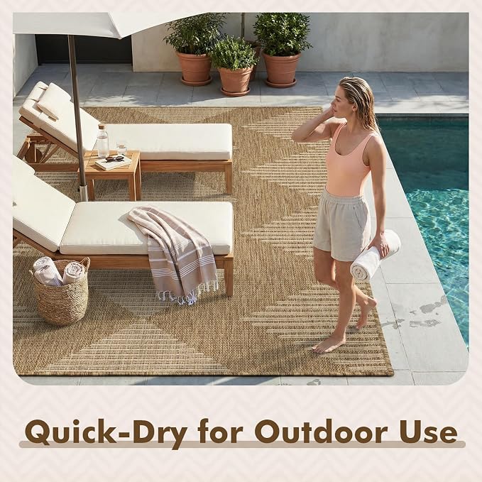 MontVoo-Outdoor Rug Carpet Patio Rug 6x9 ft Polypropylene Indoor Outdoor Rugs for Patio Deck Balcony Porch, Textured Weave, Durable for High Traffic, Fade-Resistant, Boho Geometric Neutral Brown