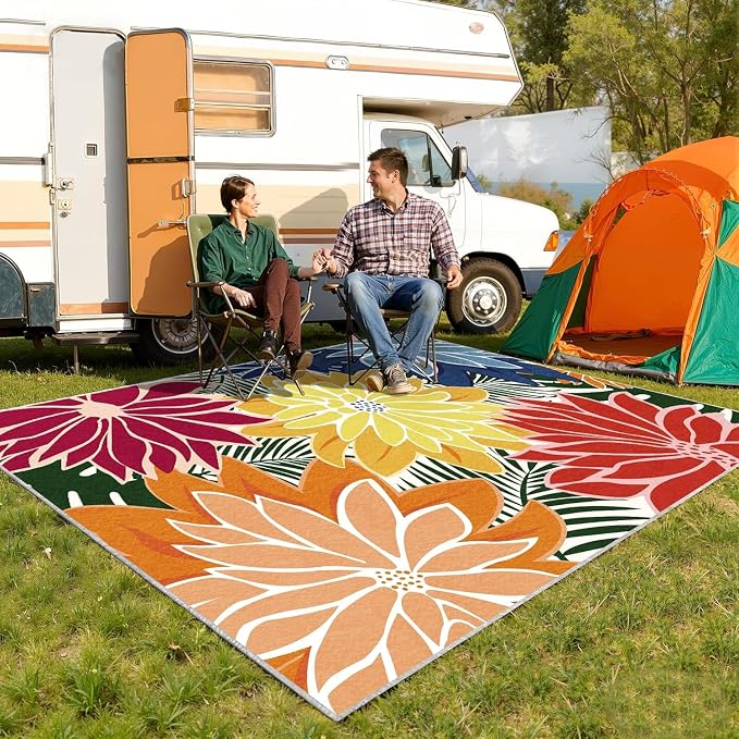 ZonLi Colorful Outdoor Rug 9x12Ft Waterproof Multicolored Indoor Area Rug Washable Outdoor Patio Rugs Tropical Floral Non Slip Outdoor Carpet for Living Room, Pool,Backyard,Deck,Camping