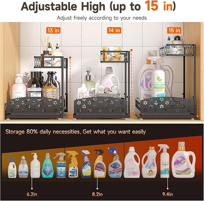 3 Pack Under Sink Organizers, 2-Tier Multi-Use Kitchen and Bathroom Organizers and Storage with Sliding Drawers, Bathroom Cabinet Organizer (Metal, 2 Pack)