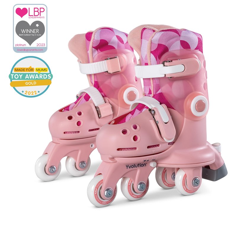 Yvolution Learner Twista Skates – 2-in-1 Adjustable Kids Roller Skates for Ages 2+ – Converts from Tri-Wheel to Inline Skates – No Tools Needed – US Size 7-11, Pink
