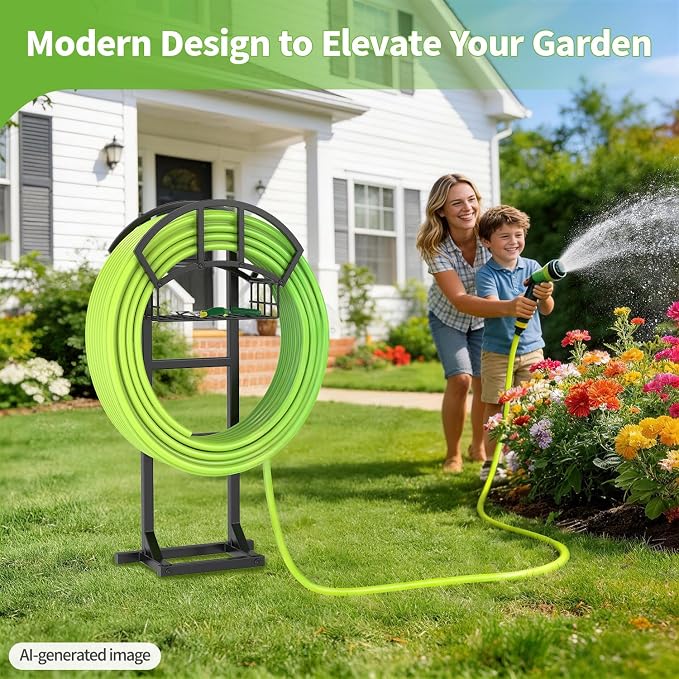 LASZOLA Garden Water Hose Holder Hanger for Outside, Freestanding Garden Hose Reel Rack Outdoor with Storage Basket, Heavy Duty Metal Water Pipe Stand 5 Spikes for Patio Yard Lawn, Holds 151ft, Black