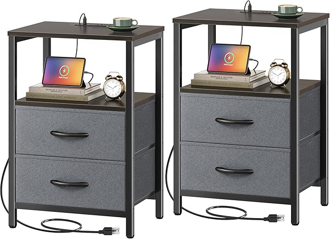 Huuger Nightstands Set of 2, End Tables with Charging Station, Fabric Drawers, Bedside Tables with USB Ports and Outlets, Night Stands for Bedroom, Walnut