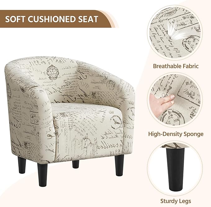 Yaheetech Accent Chair with Foot Rest, Mid Century Modern Upholstered Soft Barrel Chair, Comfy Fabric Armchair and Footrest Set for Living Room/Bedroom/Reading Room, Set of 2 Letter Print