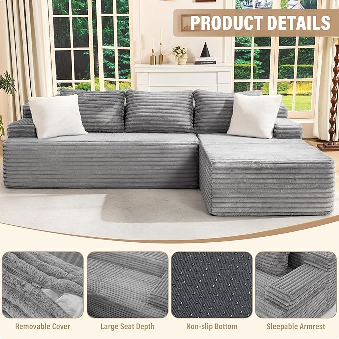 Hobestluk Modular Sectional Sofa Couches L-Shape Couch 3 Seat Modular Sofa Memory Foam Sectional Couches for Living Room, Cloud Couch with Oversized Chaise (96“ Right Facing)