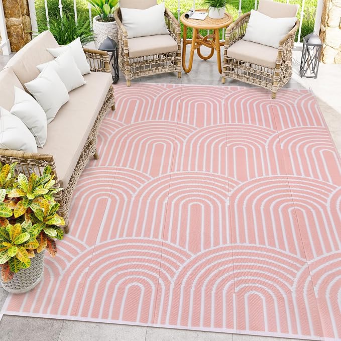 Anidaroel Rainbow Patio Rugs Outdoor 8’X10’ Waterproof, Reversible Camping Rug for Outside RV, Portable Plastic Straw Outdoor Area Rug for Backyard, Garden, Pool Deck (Pink, 8‘X10')