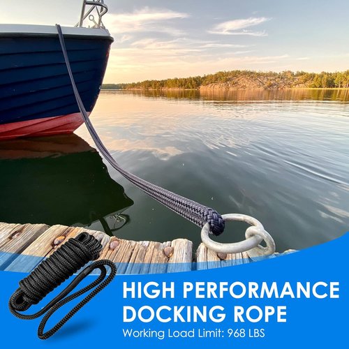 Amarine Made Dock Lines - 1/2” X 15’ Nylon Boat Ropes | 4pcs with 12” Eyelet & 968lbs Working Load - Black