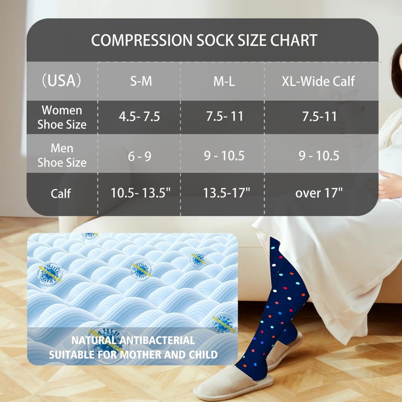 LEVSOX Cotton Compression Socks for Women&Men 20-30 mmHg Knee High Cute Fun Crazy Support Sock for Nurses, Travel and Flight, Pregnancy, 2 Pairs, Black and Navy Blue Polkadot