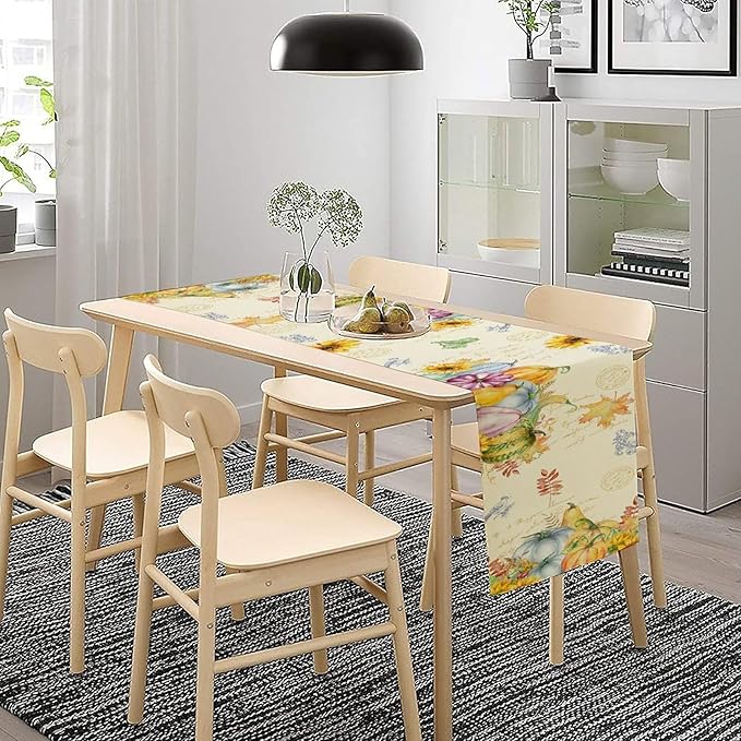 Fall Table Runner Watercolor Pumpkins Sunflowers Maple Leaves Baroque Floral Birds Country Thanksgiving Home Decor for Farmhouse Indoor Outdoor Party Holiday Dining Kitchen Restaurant Cafe W13xL120in