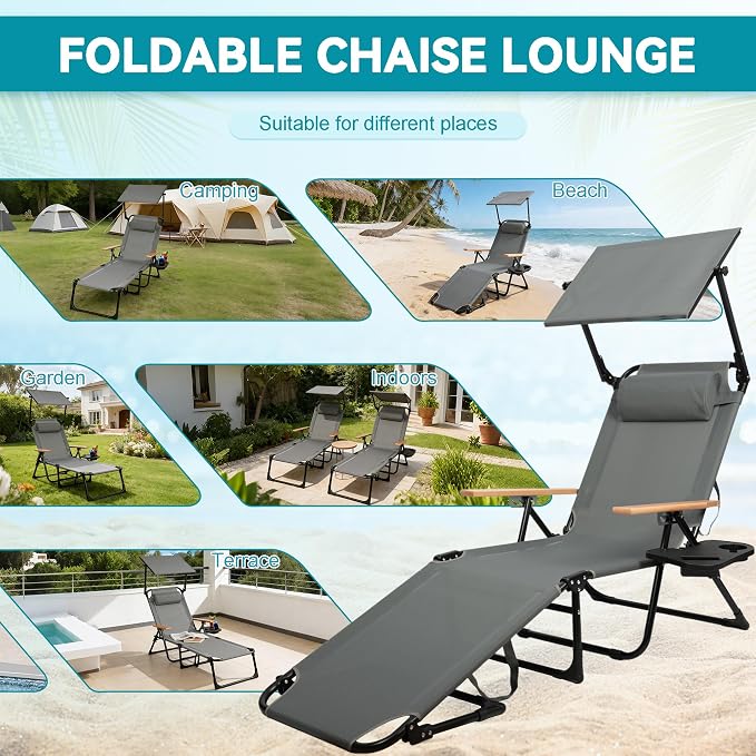 Beach Lounge Chair with Sun Shade, Folding Outdoor Chaise Lounge Chair with Arms, 4-Position Backrest, Extended Sun Tanning Chair Pillow & Cup Holder, Patio Lounger for Outside for Beach Pool(Gray-U)
