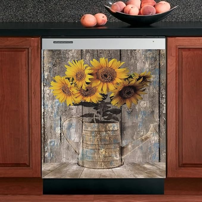 Rustic Wood Dishwasher Cover For Front,Vintage Sunflower Vase Dishwasher Magnet Cover Door Decor Farmhouse Sticker,Country Flower Dishwasher Panel Decal,Home Appliance Decal 23"x17"