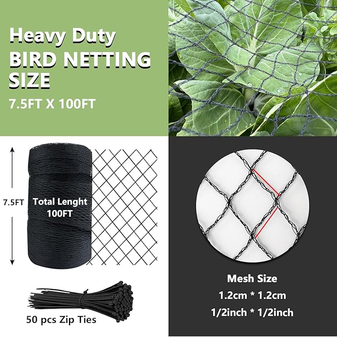 Bird Netting for Garden 7.5 x 100 FT Heavy Duty Black Garden Netting for Fruit Trees, Chicken Coop, Pond, Blueberry Bushes, Poultry & Deer Netting, HDPE Plant Protection Net Fence with Ties