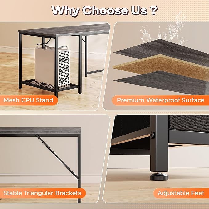 PRAISUN 66" L Shaped Gaming Desk with LED Lights & Power Outlets, Computer Desk with Fabric Drawers and Print Stand, Corner Office Desk, Monitor Stand, Mesh CPU Stand, Grey