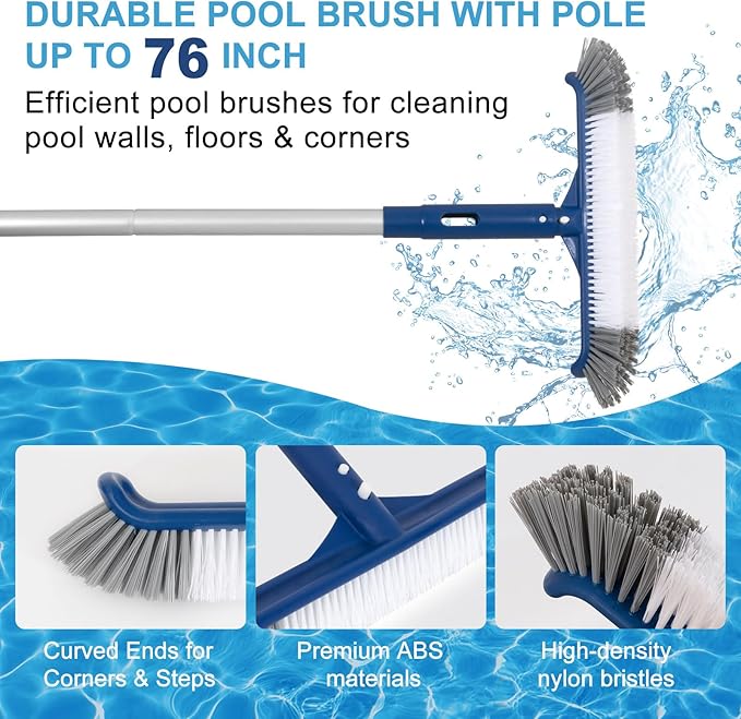Pool Cleaning Kit, 14.5'' Pool Brush Head & Ultra Fine Mesh Pool Skimmer Net with Pole, Aluminum Frame Pool Net Skimmer & Pool Brush with Pole,Pool Net & Pool Brushes for Cleaning Pool Walls with Pole