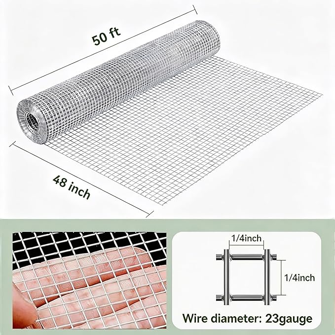 Amagabeli Galvanized Hardware Cloth 1/4 inch 48inx50ft 23 Gauge Chicken Wire Fence Welded Wire Mesh Roll Plant Supports Poultry Netting Garden Bed Animal Cage Snake Rabbit Gopher Rodent Proof
