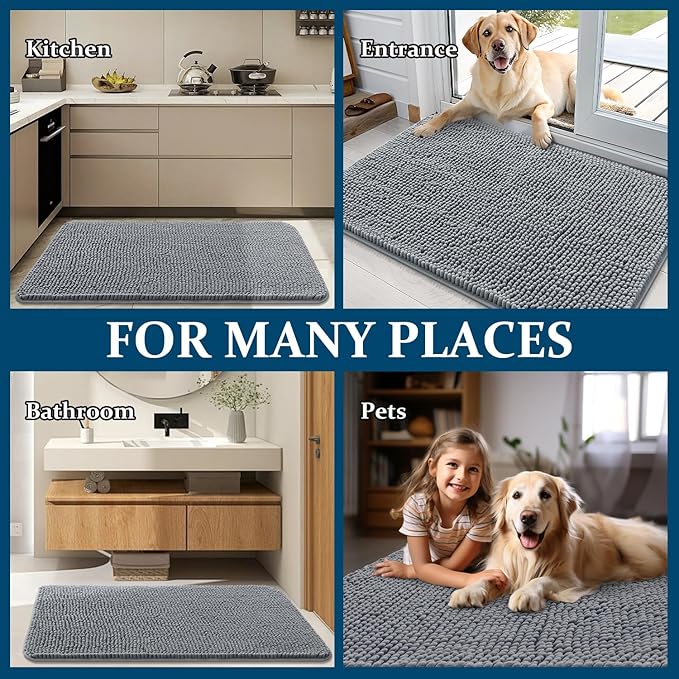 OLANLY Dog Door Mat for Muddy Paws 70x24, Absorbs Moisture and Dirt, Absorbent Non-Slip Washable Doormat, Quick Dry Chenille Mud Mat for Dogs, Entry Indoor Entryway Carpet for Inside Floor, Grey
