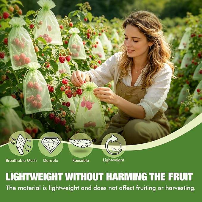 50 Pcs Drawstring Fruit Protection Bags, 4×6 Inch Green Mesh Fruit Net Covers, Anti-Bird Anti-Insect Garden Protective Bags for Fruit Tree, Tomato, Strawberry, Apple, Cherry, Grapes and Vegetables