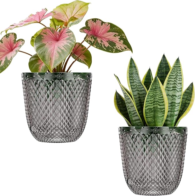 QCQHDU 2 Pack Self Watering Pots, 5.7 Inch Flower Pots with Drainage Holes and Water Filling Port, Plastic Garden Planter for Indoor Outdoor Plants (Gray)